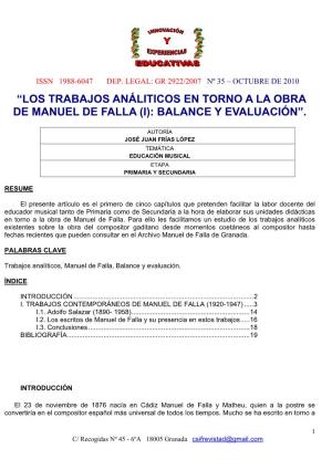“Los Trabajos Análiticos En Torno a La Obra De Manuel De Falla (I): Balance Y Evaluación”