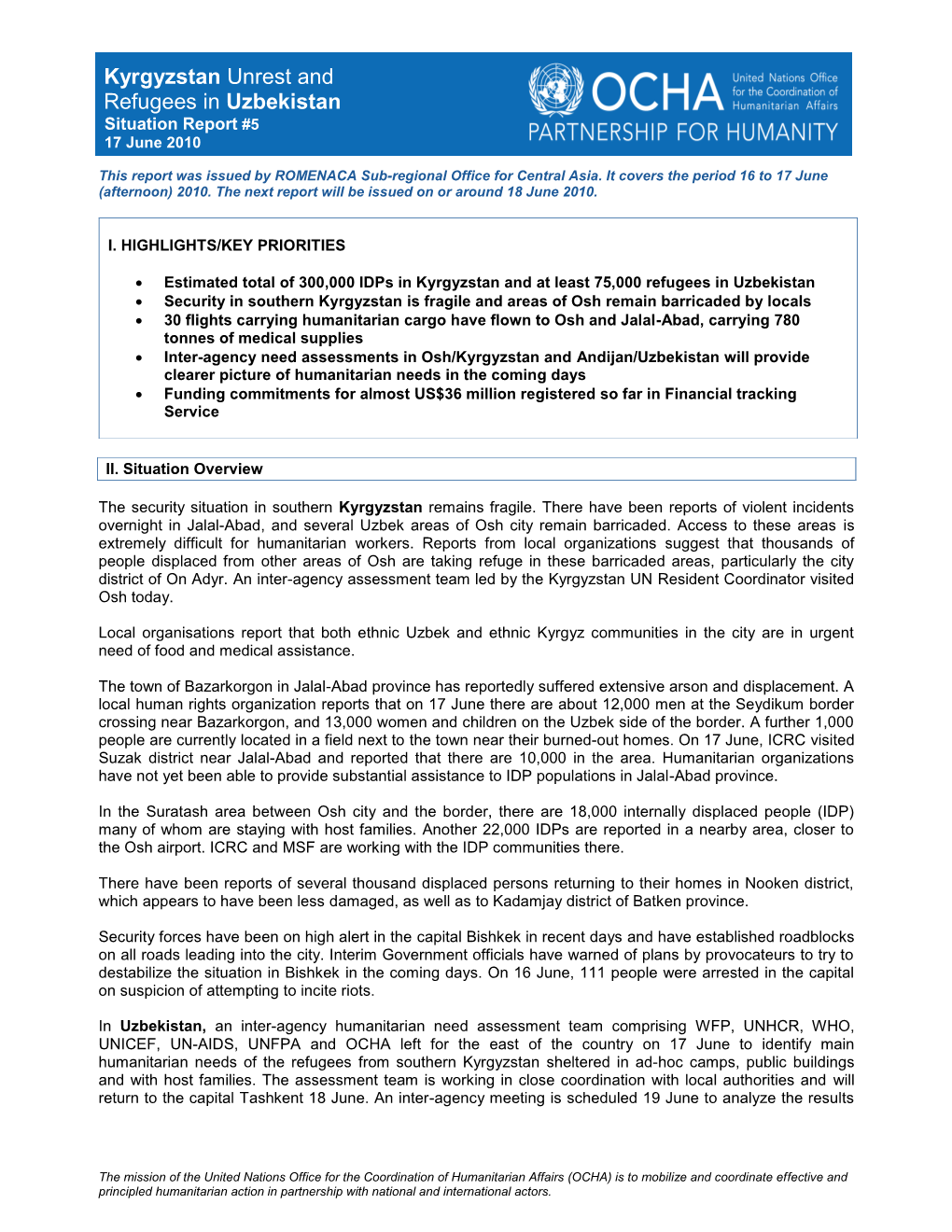 Kyrgyzstan Unrest and Refugees in Uzbekistan Situation Report #5 17 June 2010