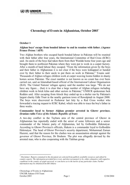 Chronology of Events in Afghanistan, October 2003*