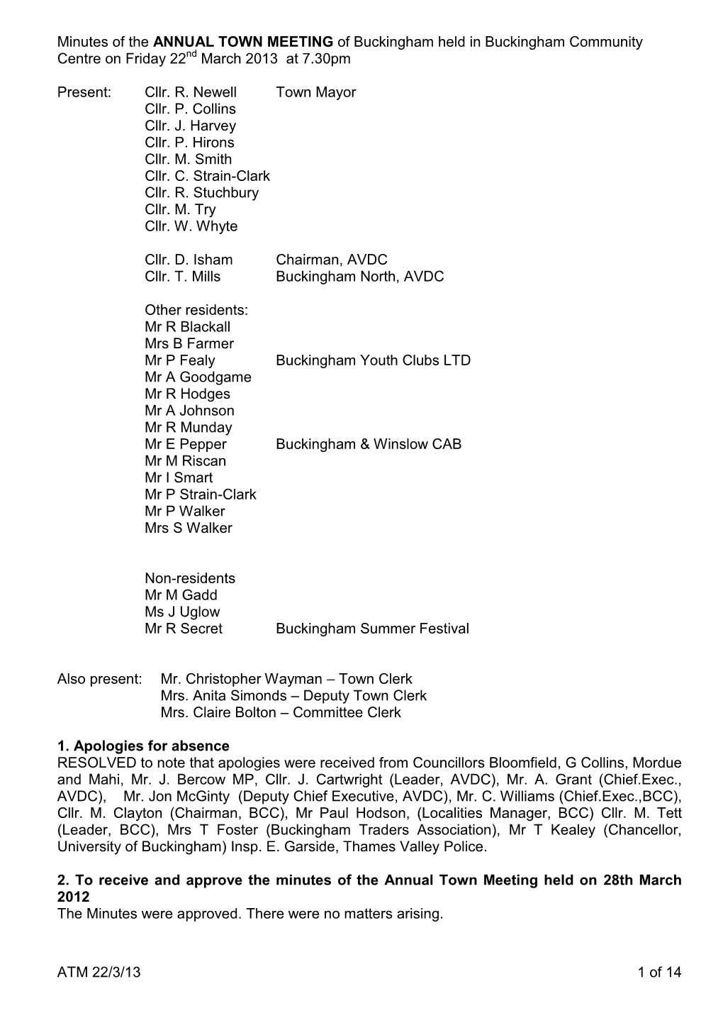 Minutes of the ANNUAL TOWN MEETING of Buckingham Held in Buckingham Community Centre on Friday 22Nd March 2013 at 7.30Pm