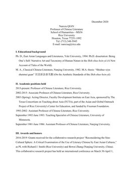 December 2020 Nanxiu QIAN Professor of Chinese Literature School of Humanities—MS36 Rice University Houston, Texas 77251-1892 Tel