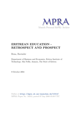 Eritrean Education - Retrospect and Prospect