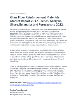 Glass Fiber Reinforcement Materials Market Report 2017, Trends, Analysis, Share, Estimates and Forecasts to 2022