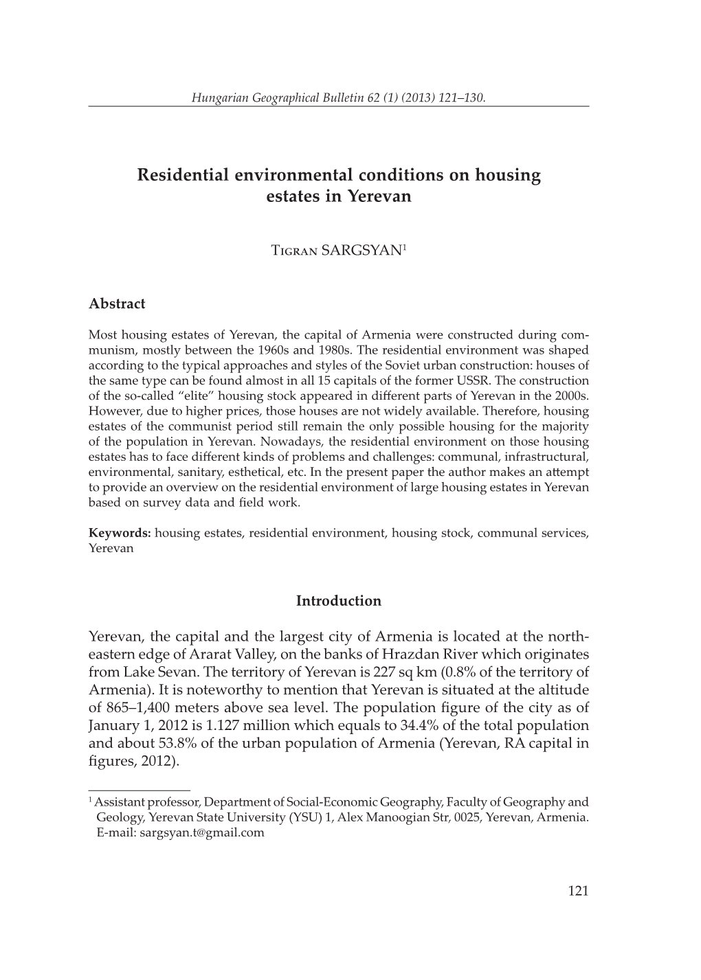 Residential Environmental Conditions on Housing Estates in Yerevan