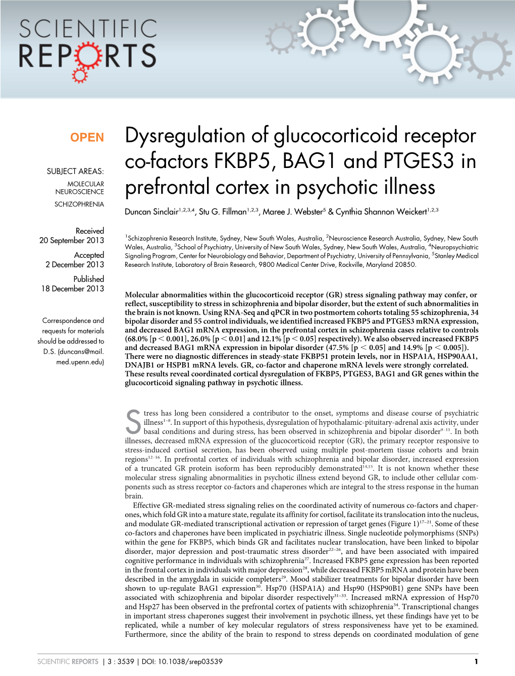 Dysregulation of Glucocorticoid Receptor Co-Factors FKBP5, BAG1 and PTGES3 in Prefrontal Cortex in Psychotic Illness