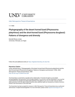 Phylogeography of the Desert Horned Lizard (Phrynosoma Platyrhinos) and the Short-Horned Lizard (Phrynosoma Douglassi): Patterns of Divergence and Diversity