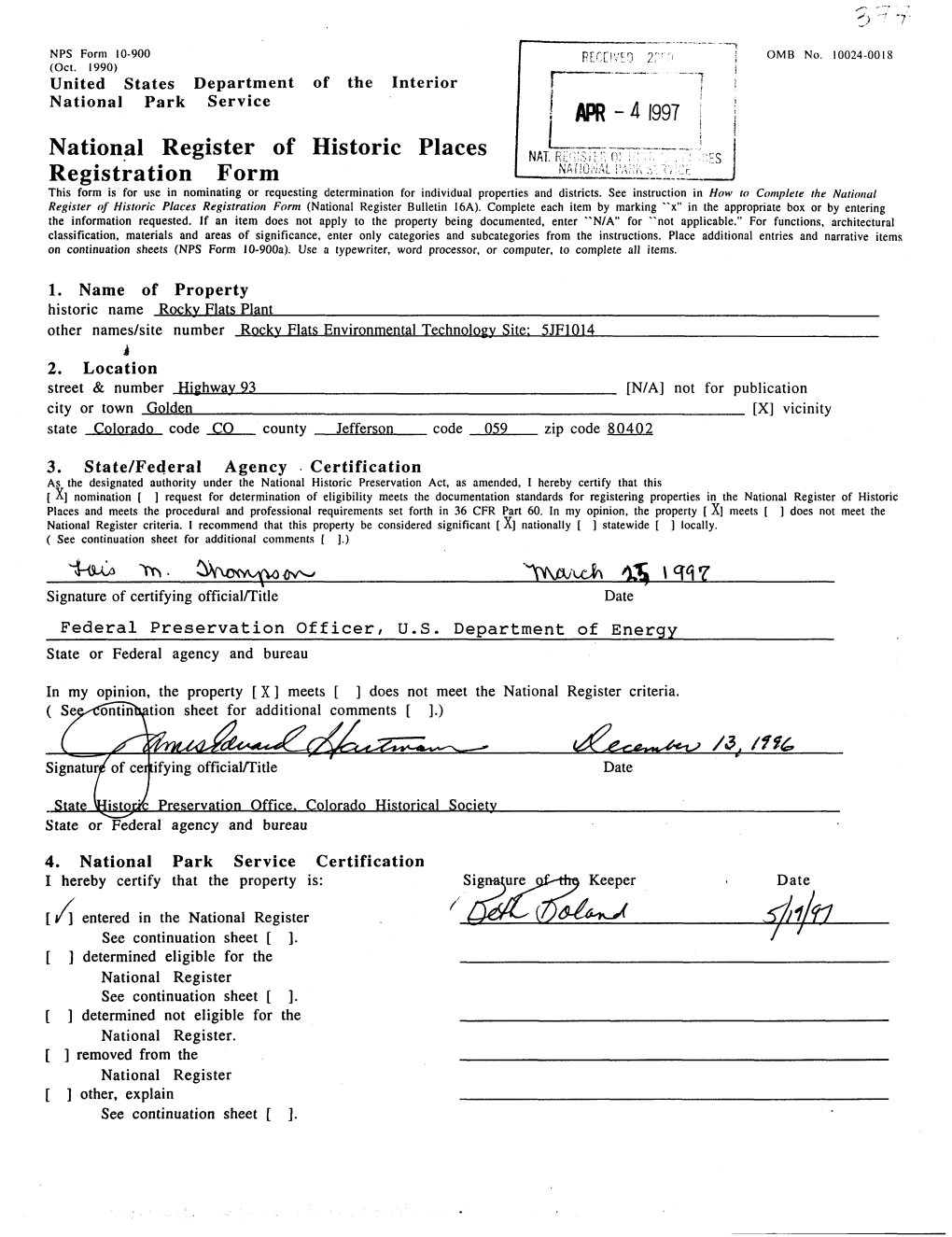 National Register of Historic Places Continuation Sheet Rocky Flats Plant Section Number 7 Page 1____ Jefferson County, CO