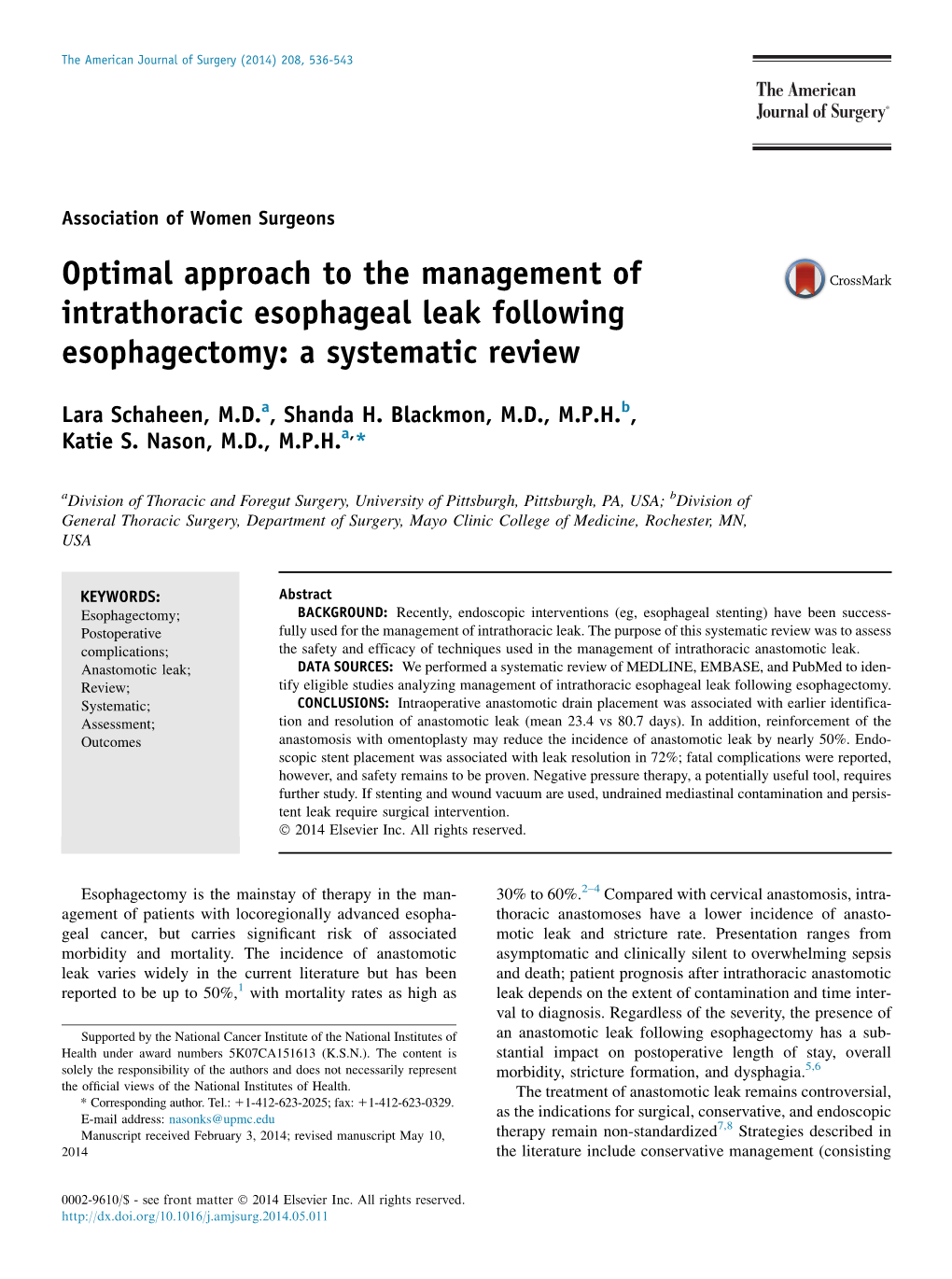 Optimal Approach to the Management of Intrathoracic Esophageal Leak Following Esophagectomy: a Systematic Review