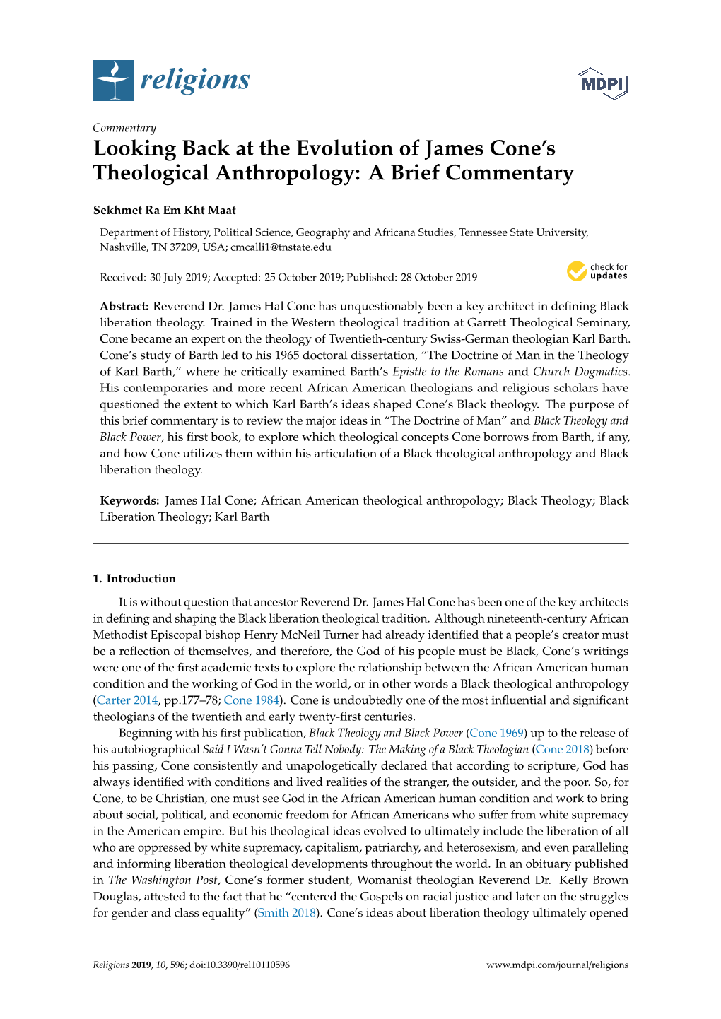 Looking Back at the Evolution of James Cone's Theological Anthropology: a Brief Commentary