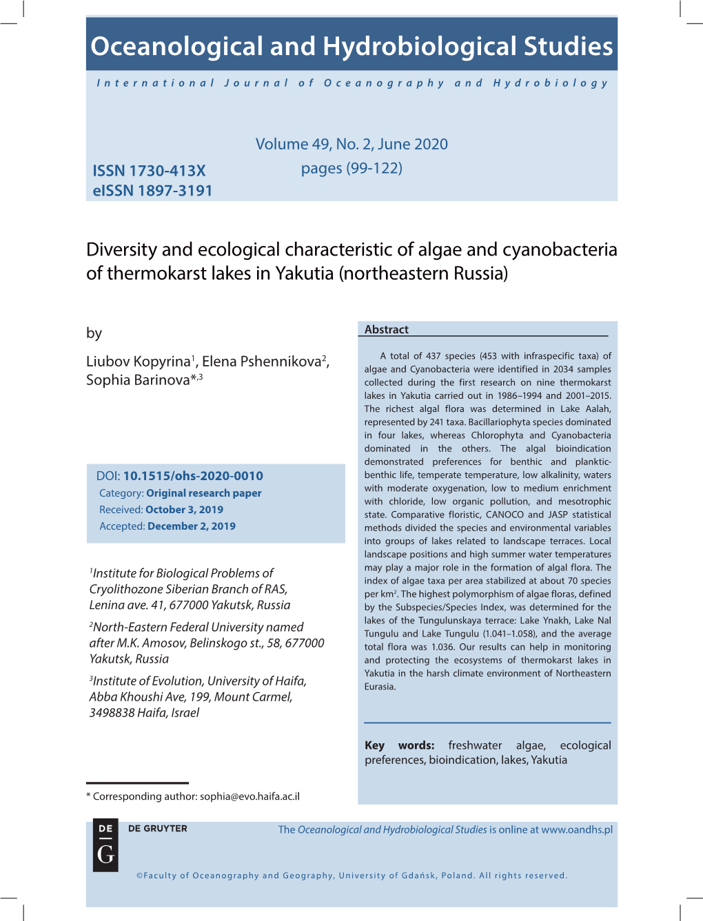 Oceanological and Hydrobiological Studies