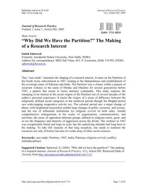 “Why Did We Have the Partition?” the Making of a Research Interest