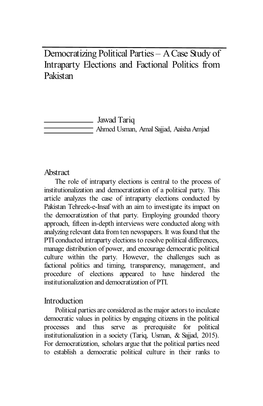 Democratizing Political Parties – a Case Study of Intraparty Elections and Factional Politics from Pakistan