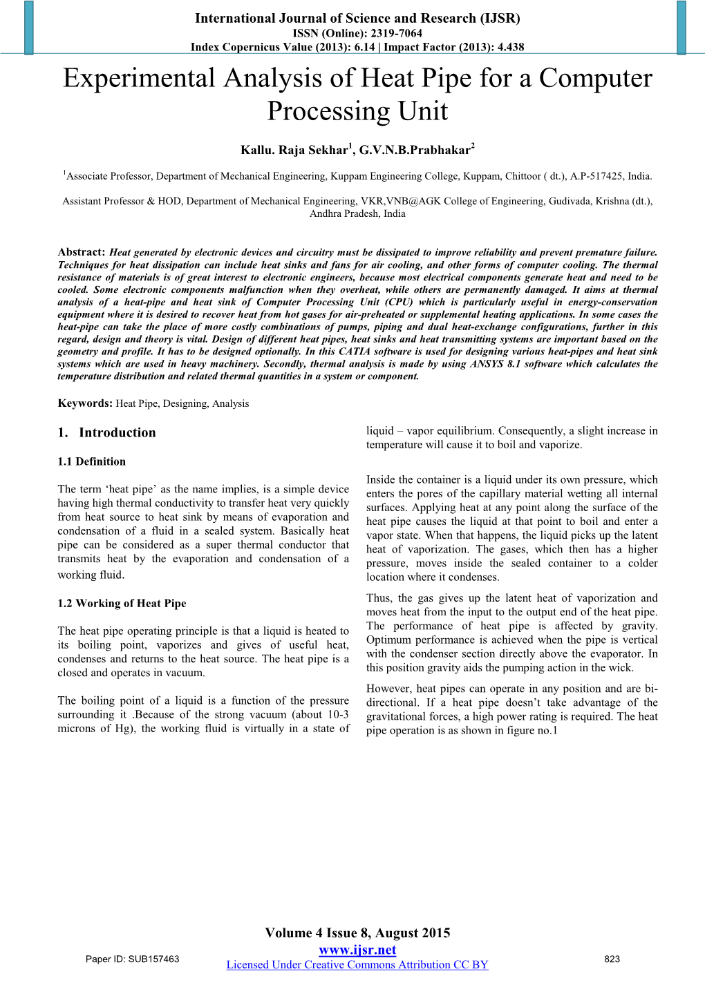 Experimental Analysis of Heat Pipe for a Computer Processing Unit