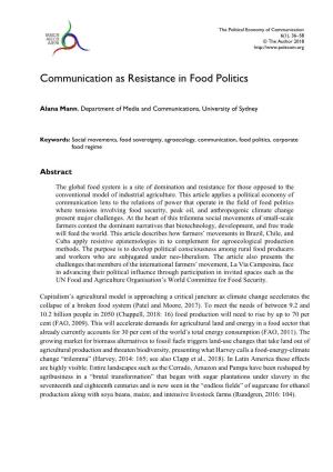 Communication As Resistance in Food Politics