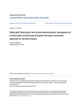 Black Girls' and School Administrators' Perceptions of Re-Entry After Exclusionary Discipline Through a Womanist Approach to Narrative Inquiry