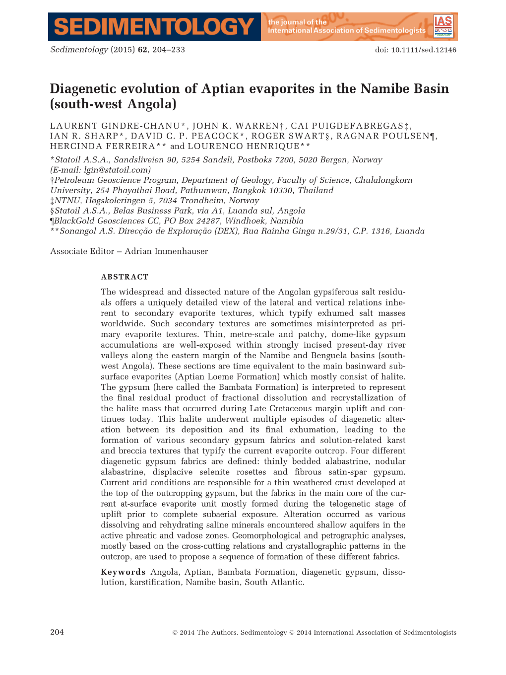 Diagenetic Evolution of Aptian Evaporites in the Namibe Basin (South‐West Angola)