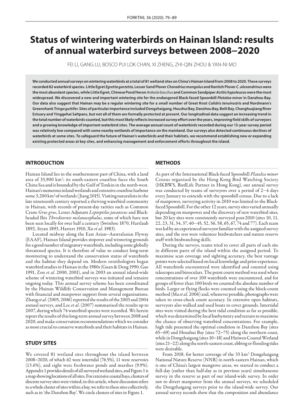 Status of Wintering Waterbirds on Hainan Island: Results of Annual Waterbird Surveys Between 2008−2020