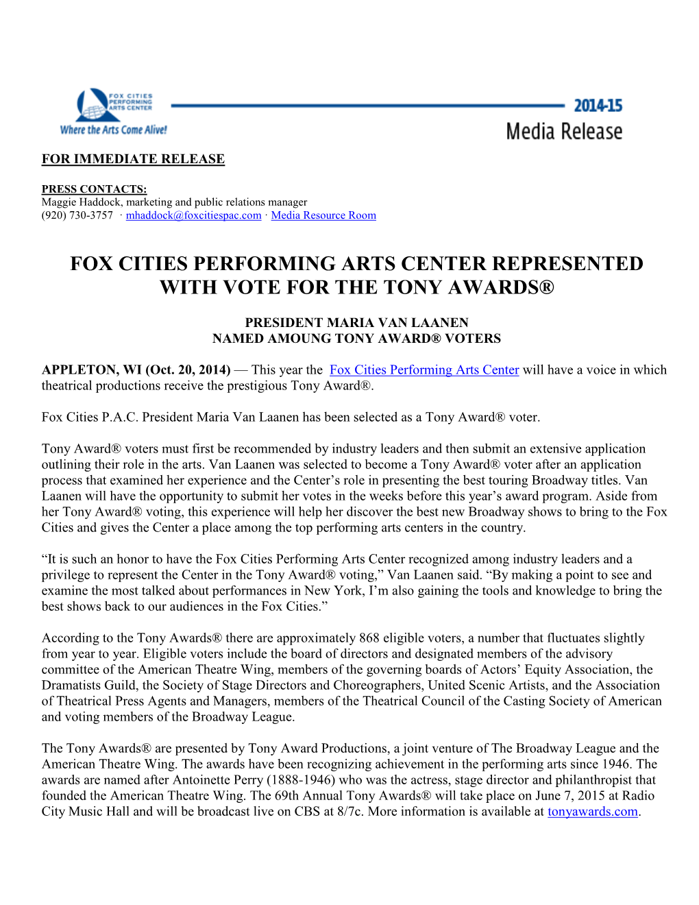 Fox Cities Performing Arts Center Represented with Vote for the Tony Awards®