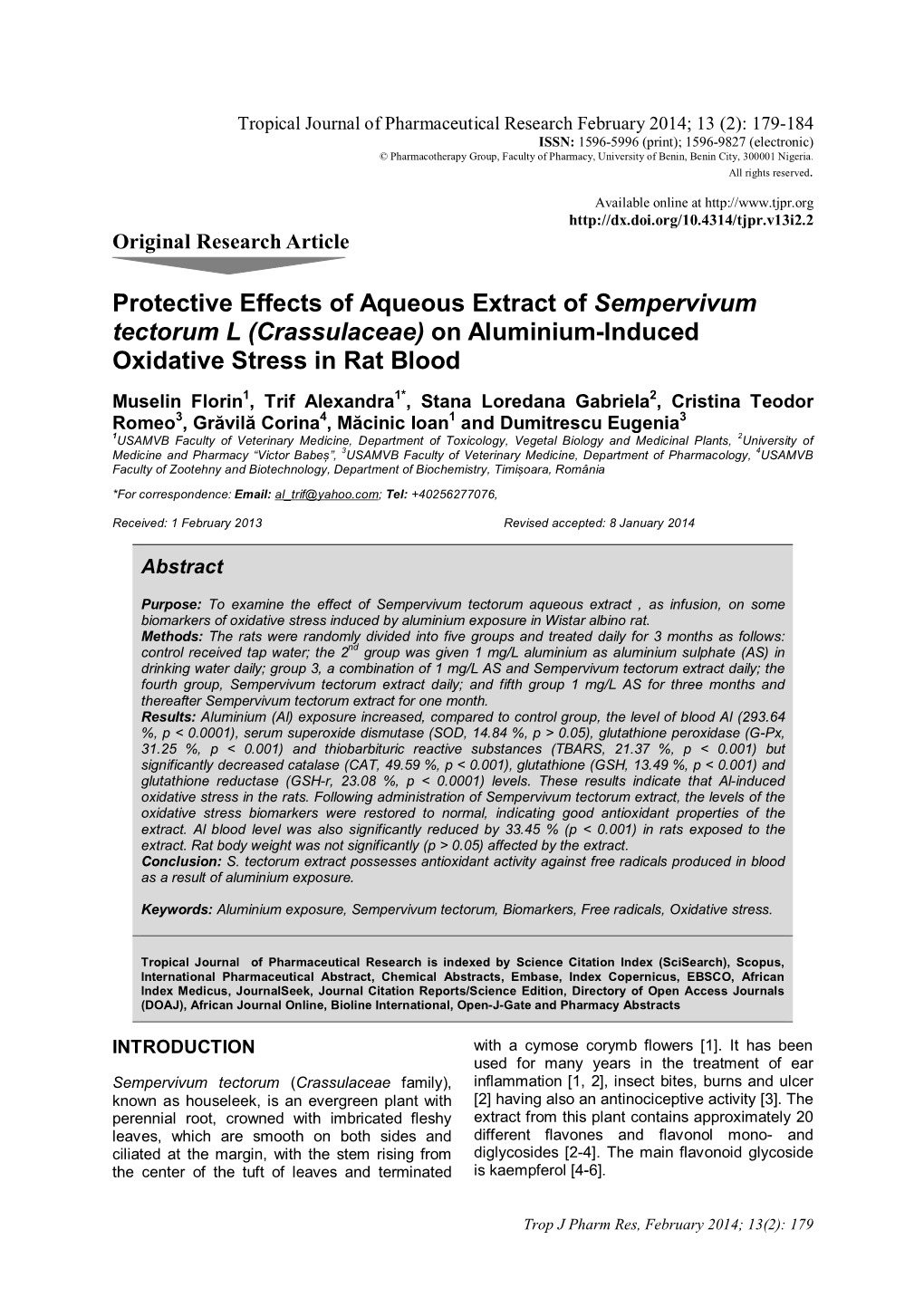 Protective Effects of Aqueous Extract of Sempervivum Tectorum L (Crassulaceae) on Aluminium-Induced Oxidative Stress in Rat Blood