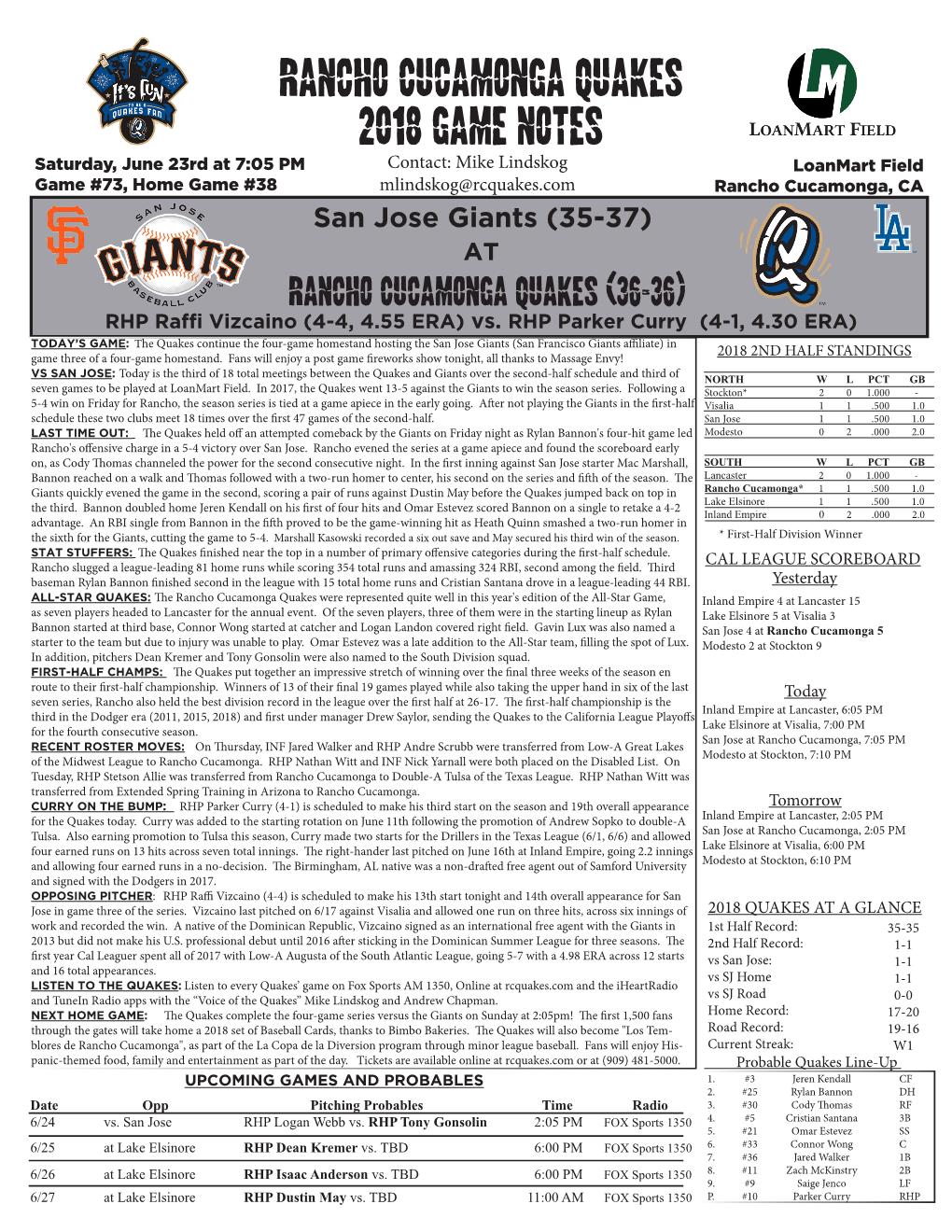 Rancho Cucamonga Quakes 2018 Game Notes