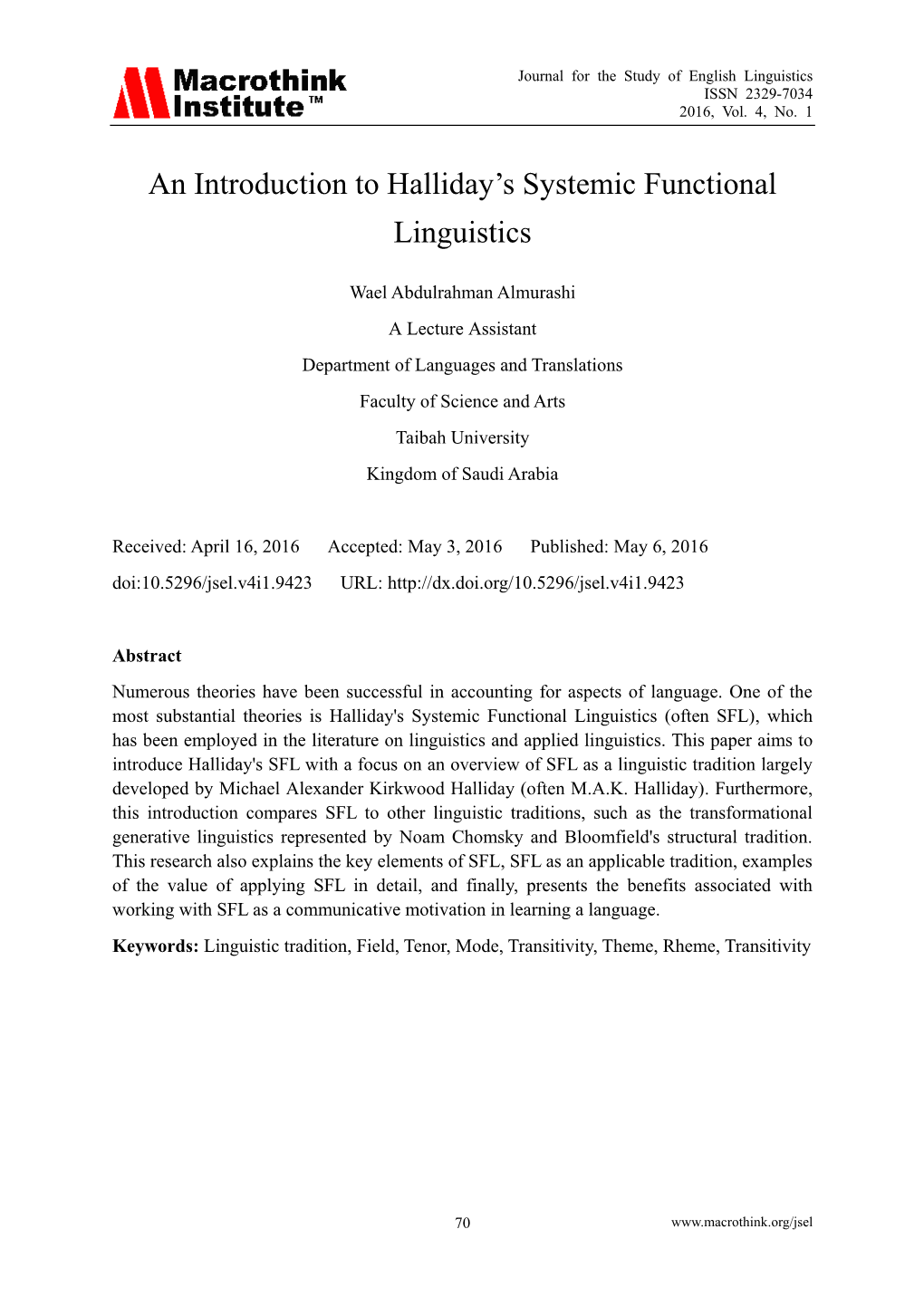 An Introduction to Halliday's Systemic Functional Linguistics in Various Respects