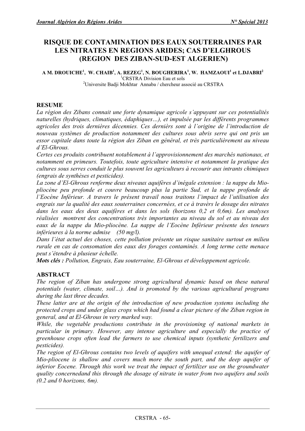 Risque De Contamination Des Eaux Souterraines Par Les Nitrates En Regions Arides; Cas D’Elghrous (Region Des Ziban-Sud-Est Algerien)