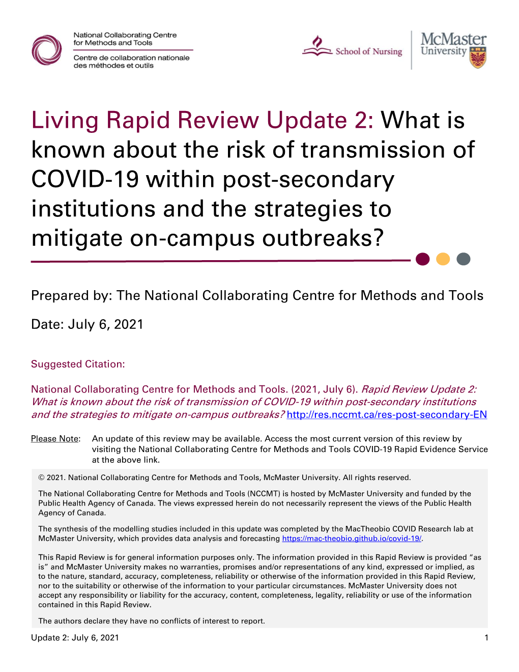 Known About the Risk of Transmission of COVID-19 Within Post-Secondary Institutions and the Strategies to Mitigate On-Campus Outbreaks?