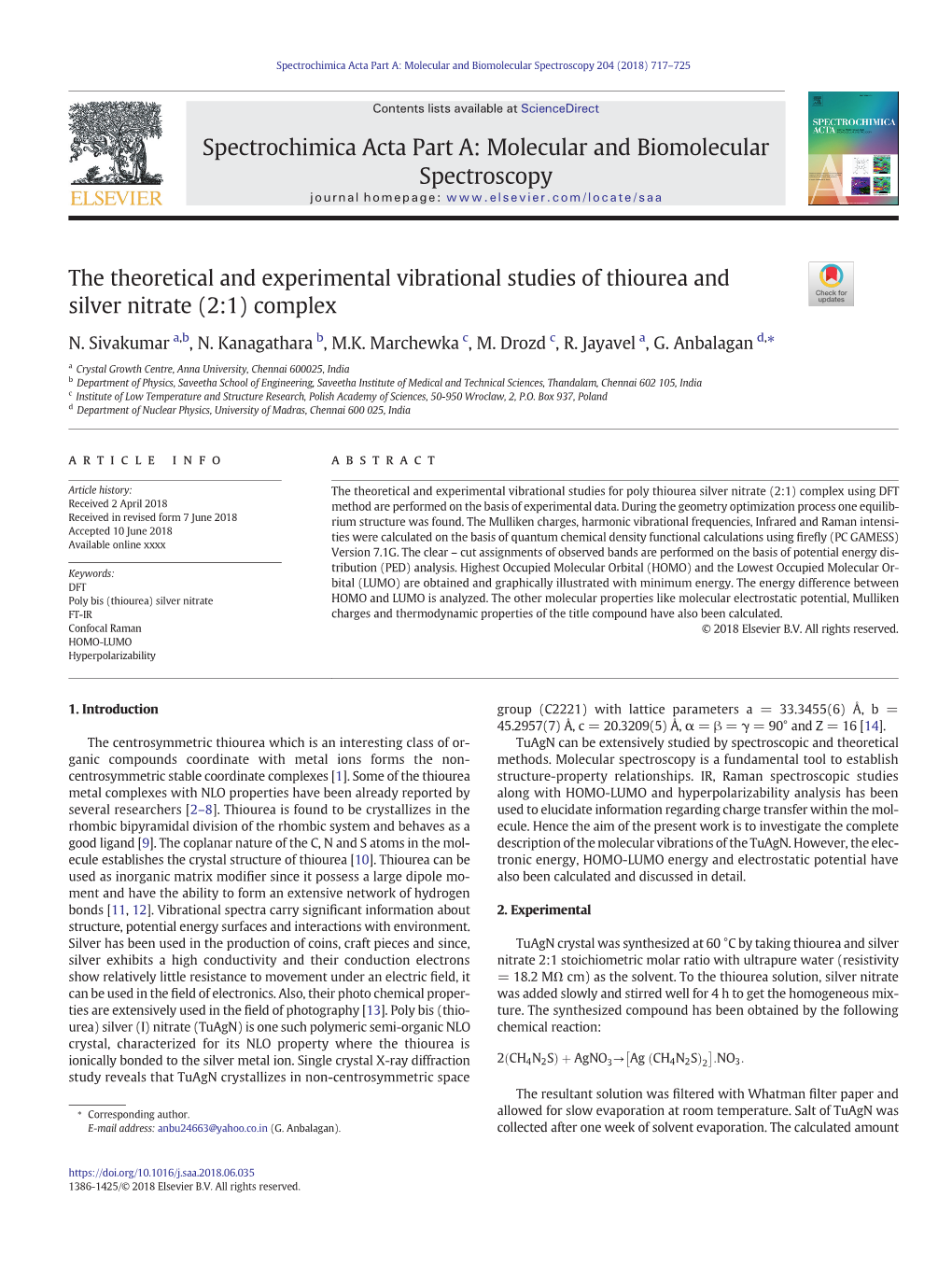 The Theoretical and Experimental Vibrational Studies of Thiourea and Silver Nitrate (2:1) Complex