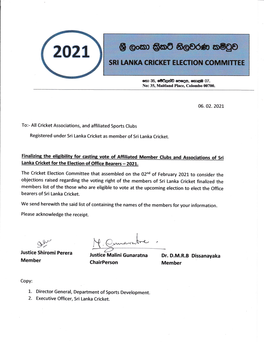 Finalizinh the Eli(Ibilitv for Castine Vote of Affiliated Member Clubs and Associations of Sri Lanka Cricket for the Election of Office Bearers - 2021"