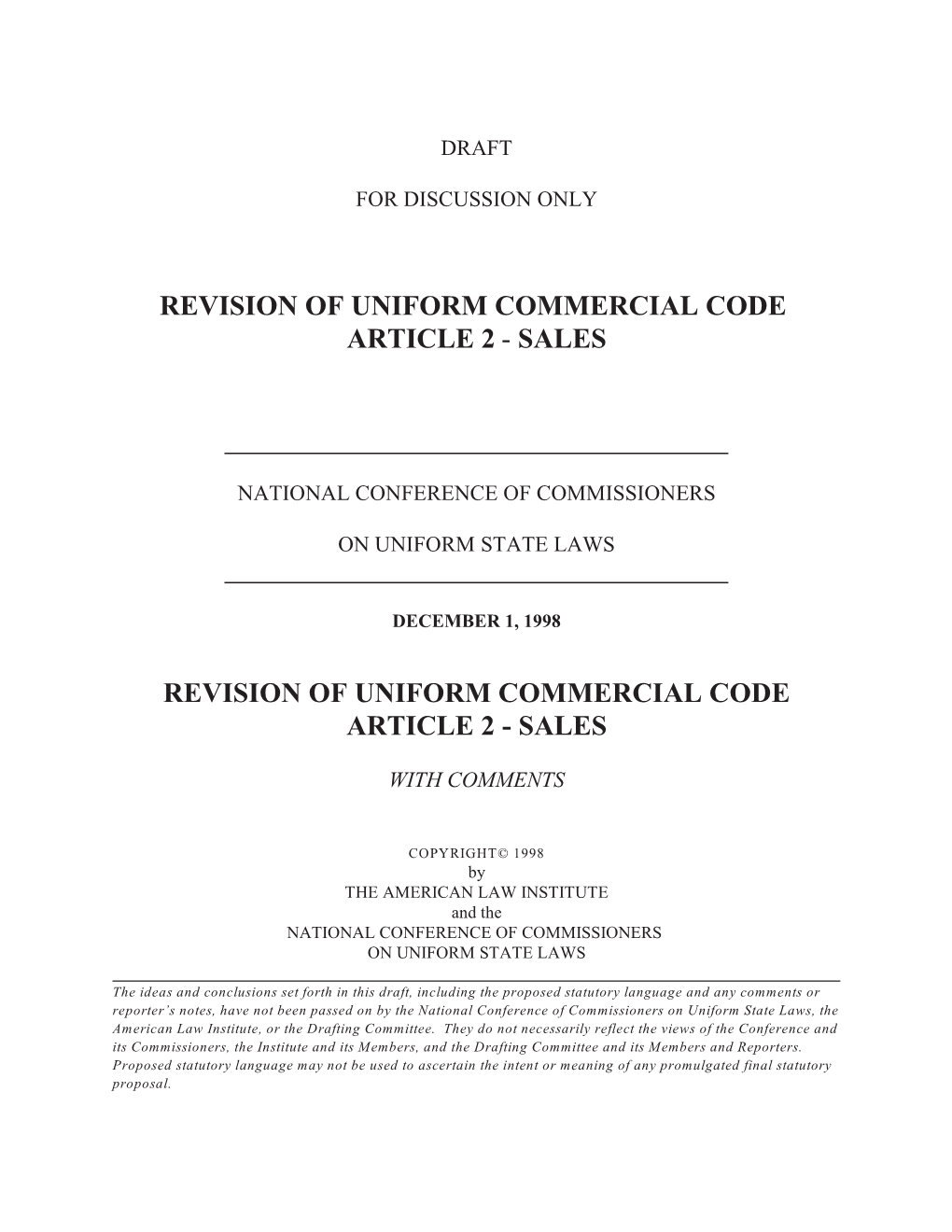 Sales Revision of Uniform Commercial Code Article 2