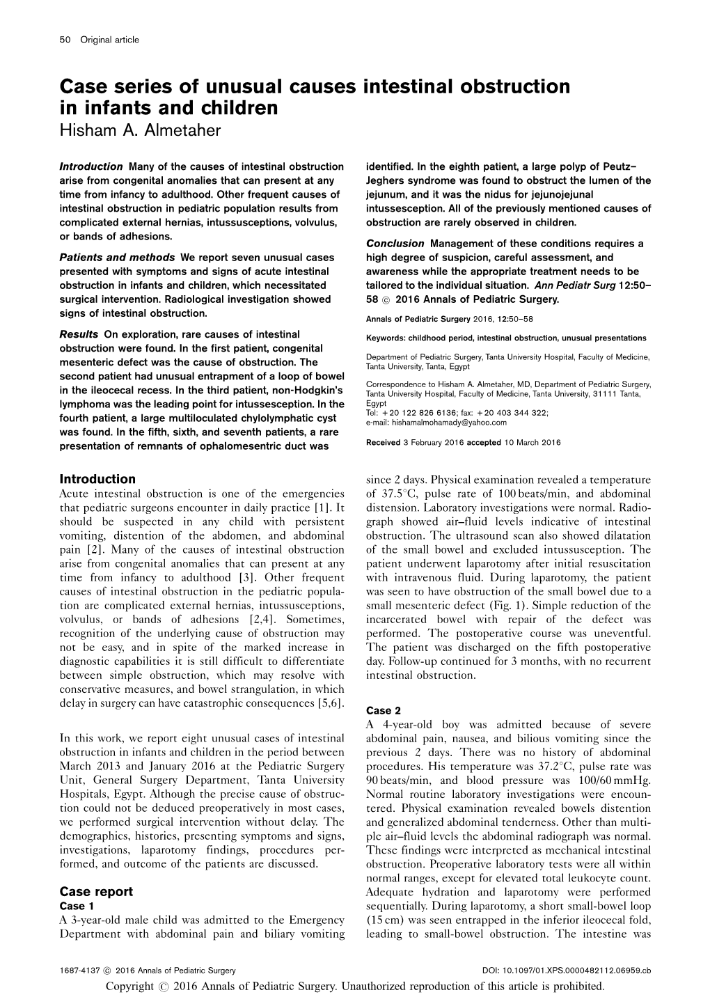 Case Series of Unusual Causes Intestinal Obstruction in Infants and Children Hisham A