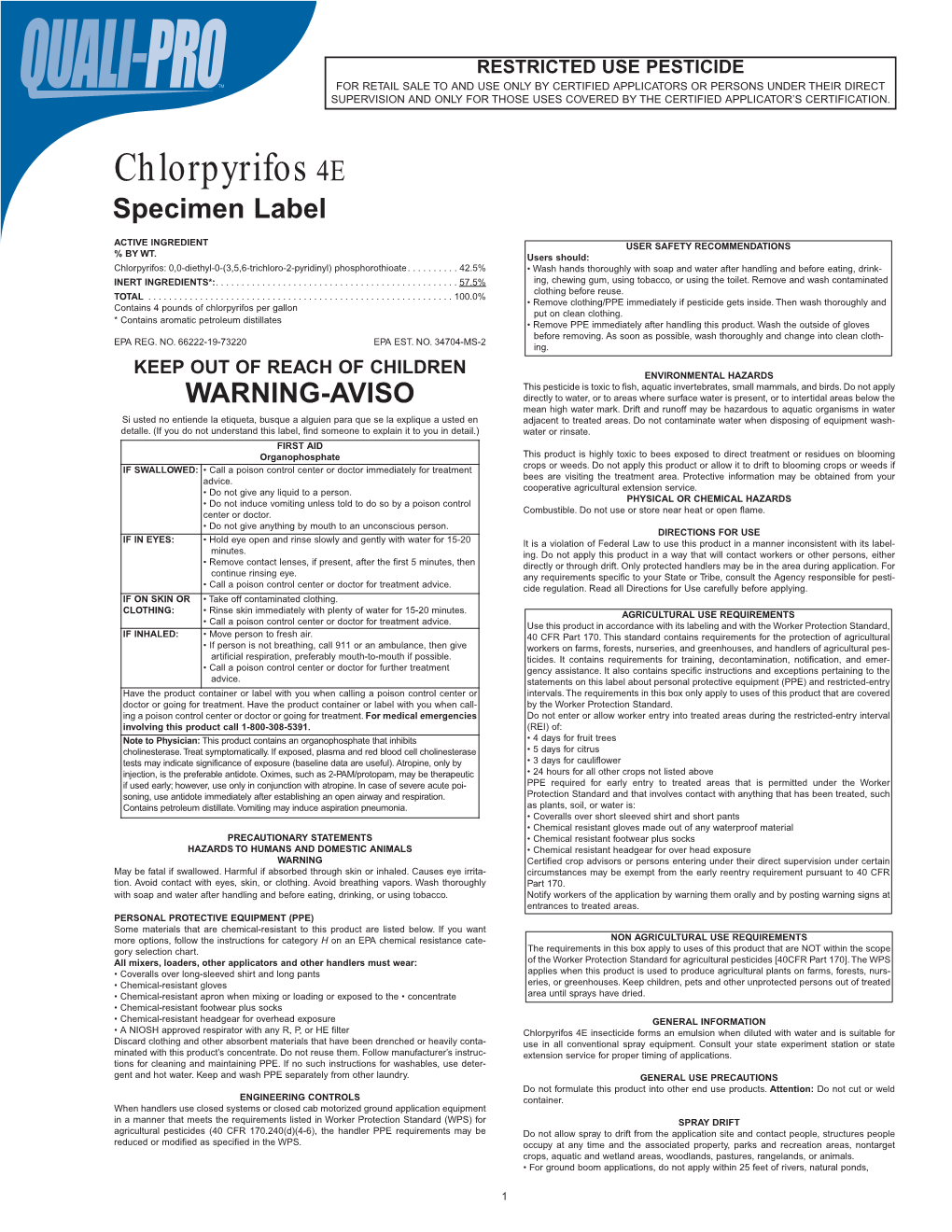 Chlorpyrifos 4E Specimen Label