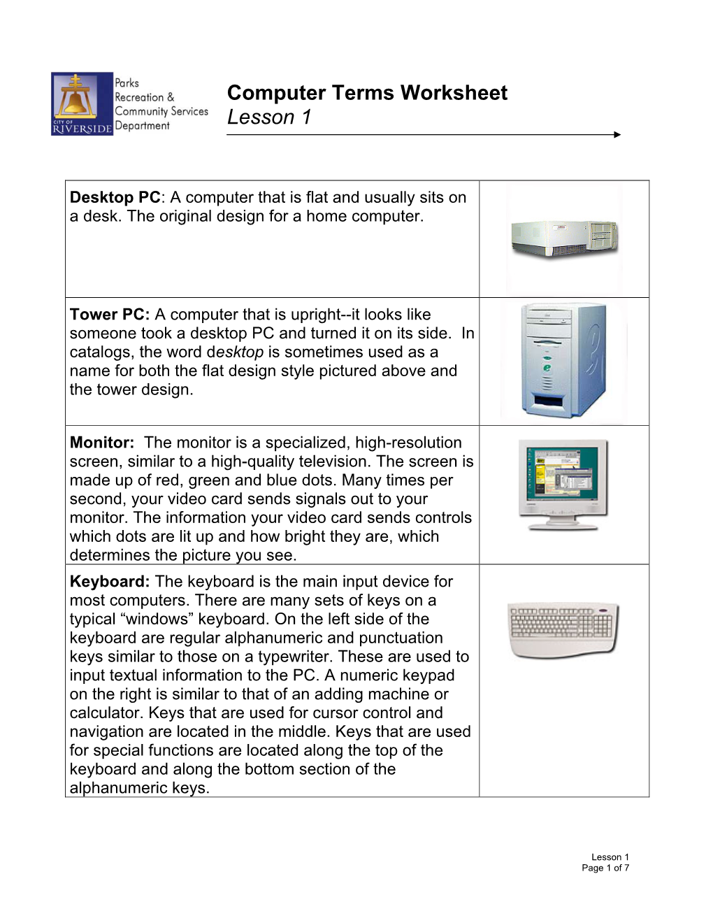 Computer Terms Worksheet Lesson 1