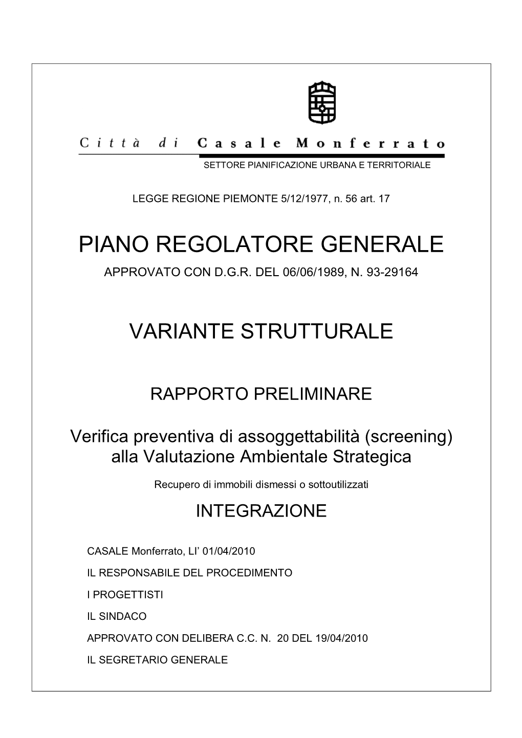 Piano Regolatore Generale Approvato Con D.G.R