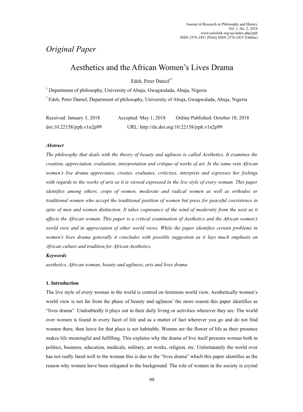 Original Paper Aesthetics and the African Women's Lives Drama