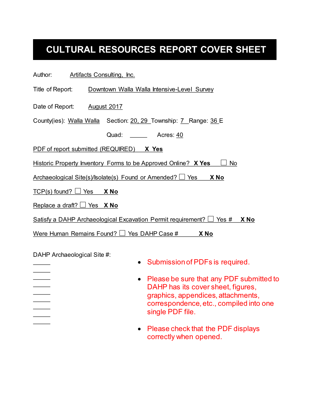 Cultural Resources Report Cover Sheet