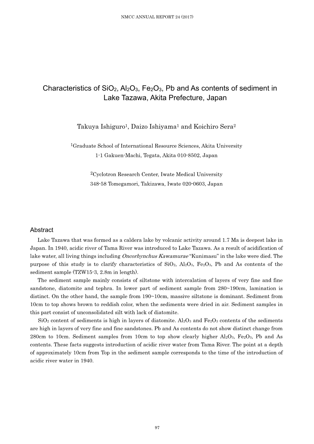 Characteristics of Sio2, Al2o3, Fe2o3, Pb and As Contents of Sediment in Lake Tazawa, Akita Prefecture, Japan