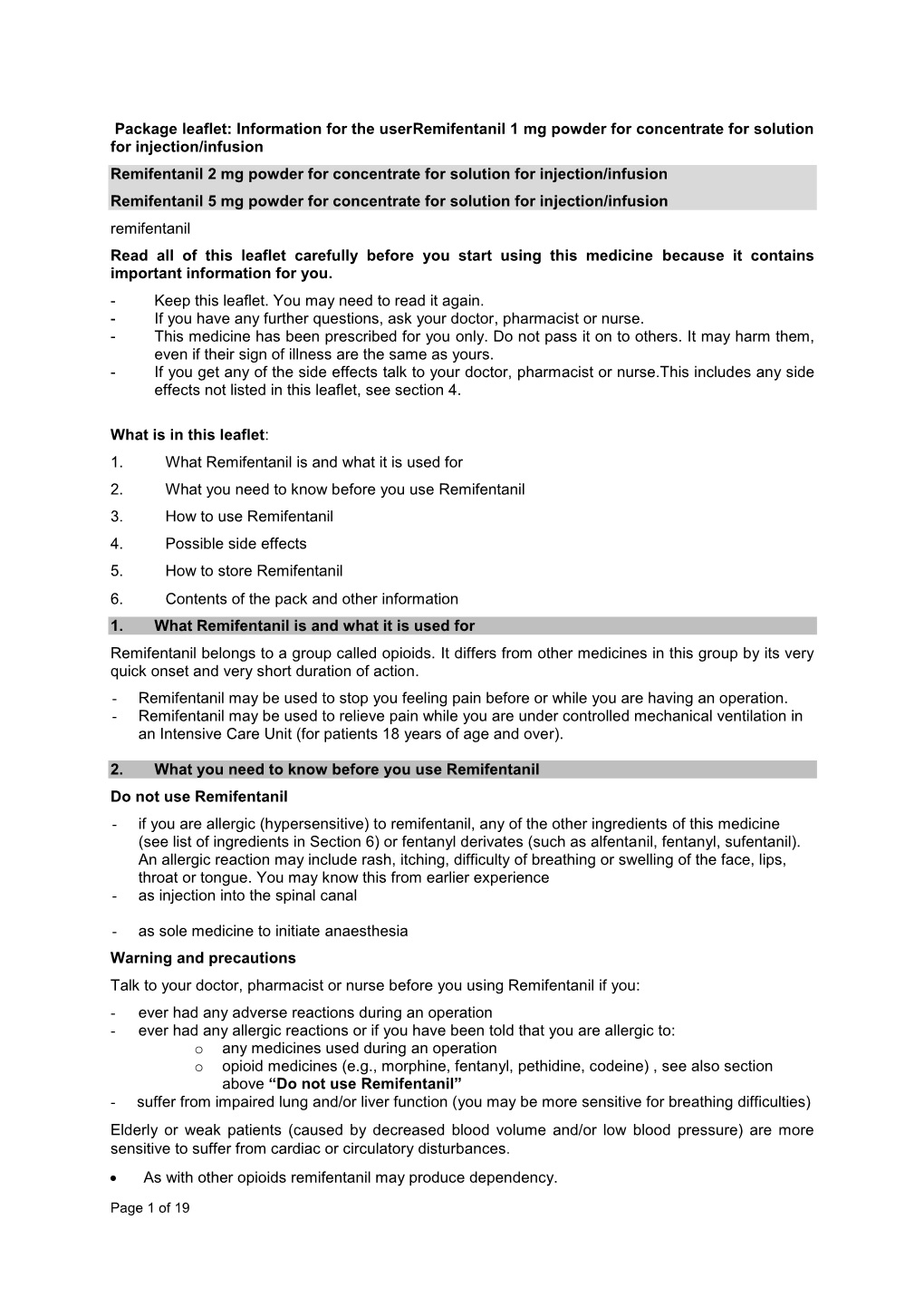 Information for the Userremifentanil 1 Mg Powder for Concentrate For