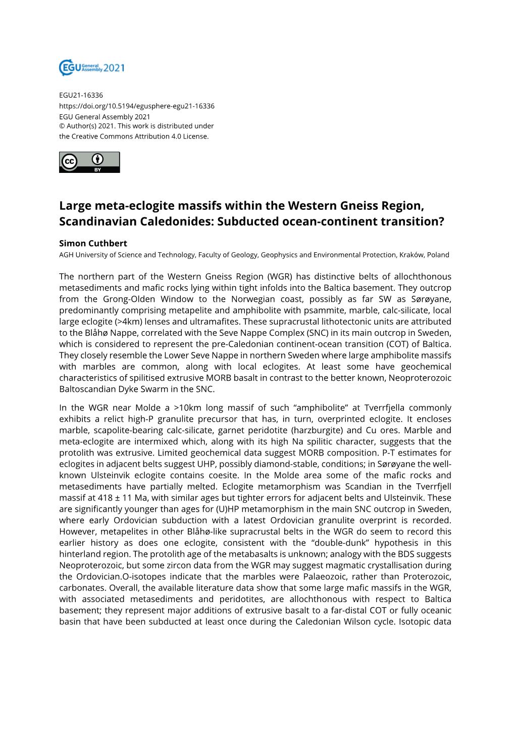 Large Meta-Eclogite Massifs Within the Western Gneiss Region, Scandinavian Caledonides: Subducted Ocean-Continent Transition?