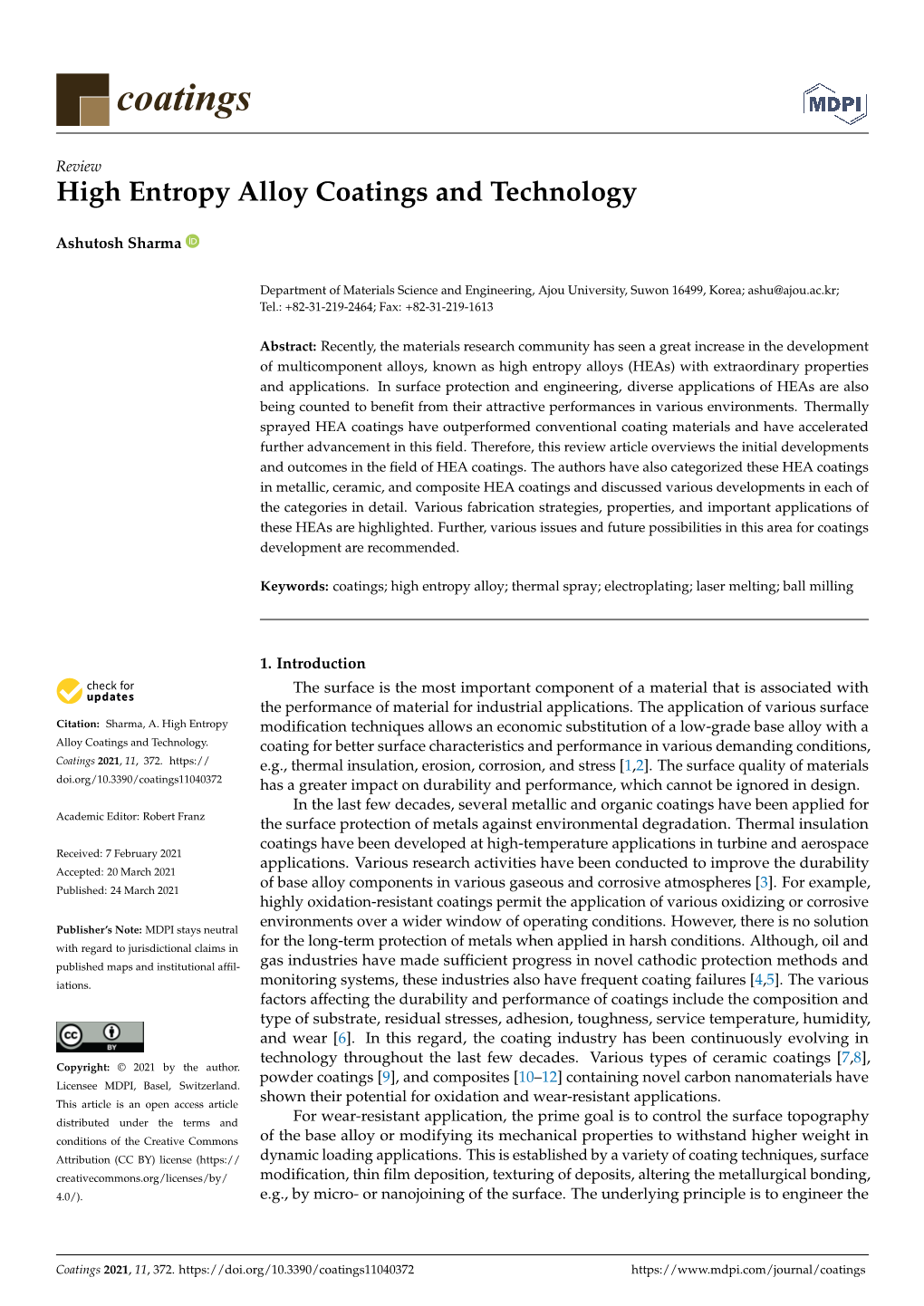 High Entropy Alloy Coatings and Technology