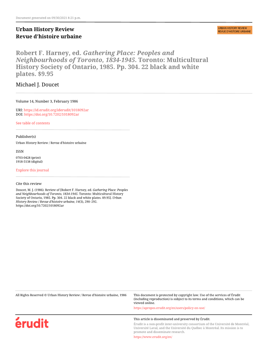 Robert F. Harney, Ed. Gathering Place: Peoples and Neighbourhoods of Toronto, 1834-1945