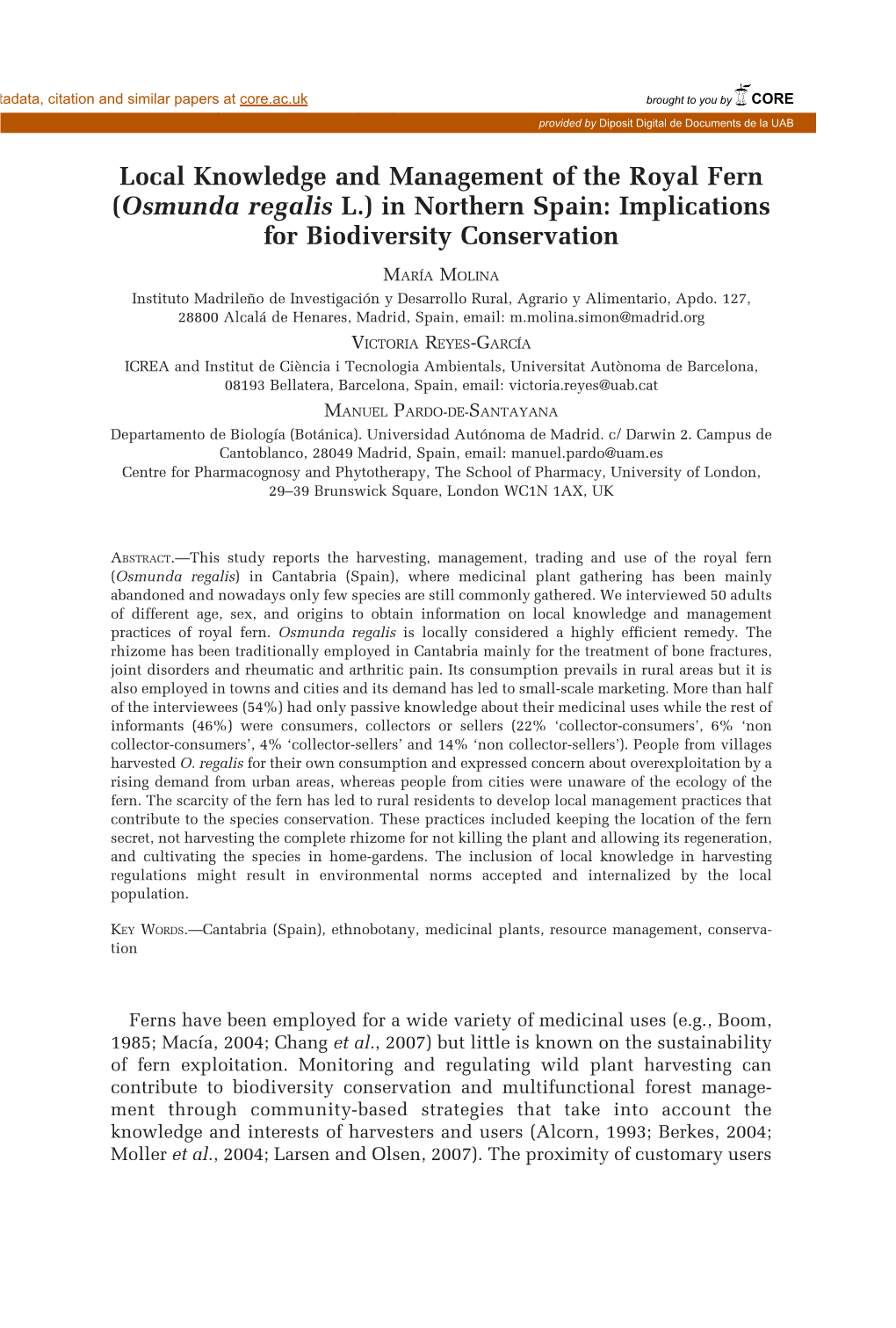 Local Knowledge and Management of the Royal Fern (Osmunda Regalis L.) in Northern Spain: Implications for Biodiversity Conservation