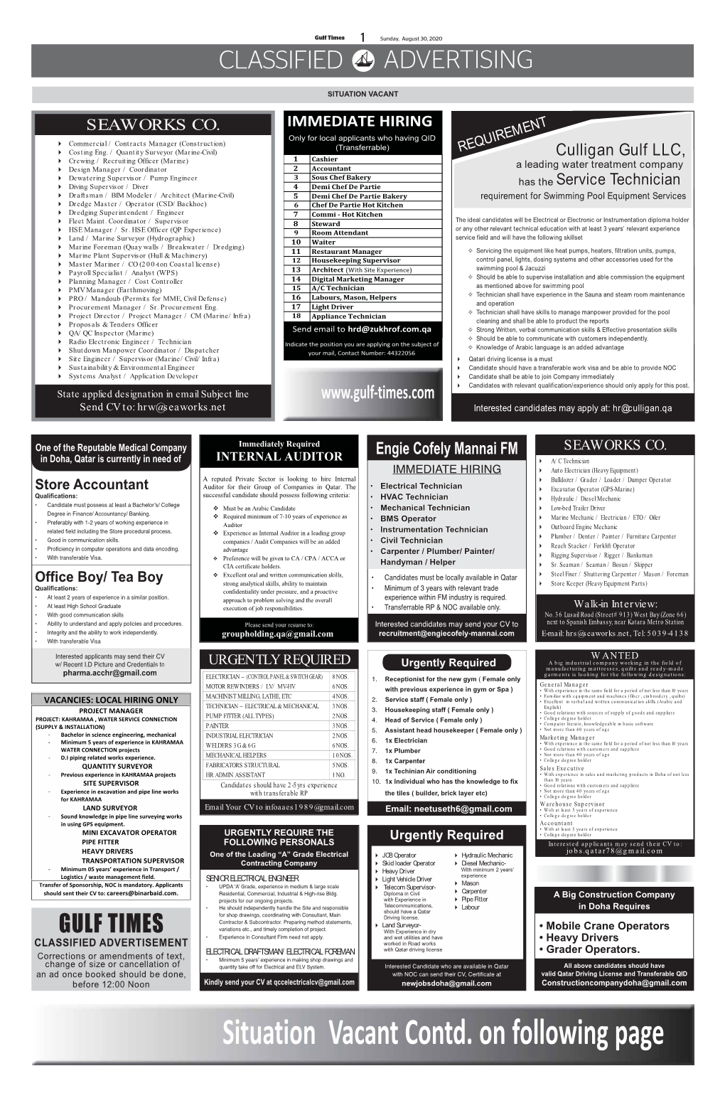 Situation Vacant Contd. on Following Page Gulf Times 2 Sunday, August 30, 2020 CLASSIFIED ADVERTISING