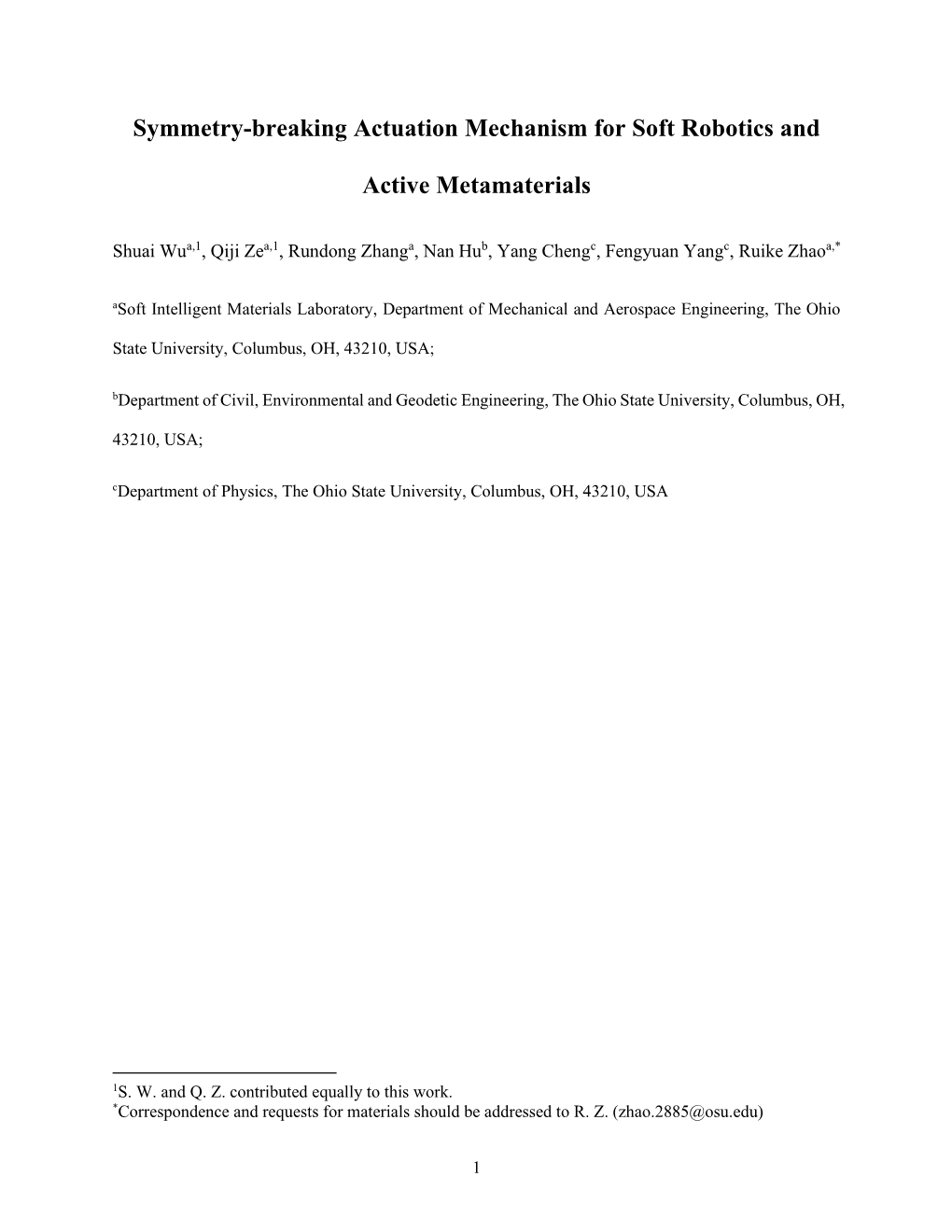 Symmetry-Breaking Actuation Mechanism for Soft Robotics and Active Metamaterials