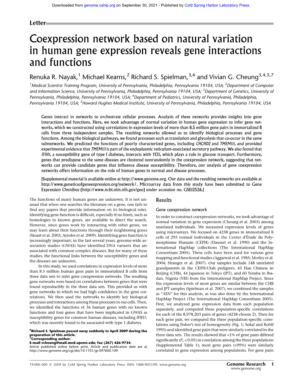 Coexpression Network Based on Natural Variation in Human Gene Expression Reveals Gene Interactions and Functions