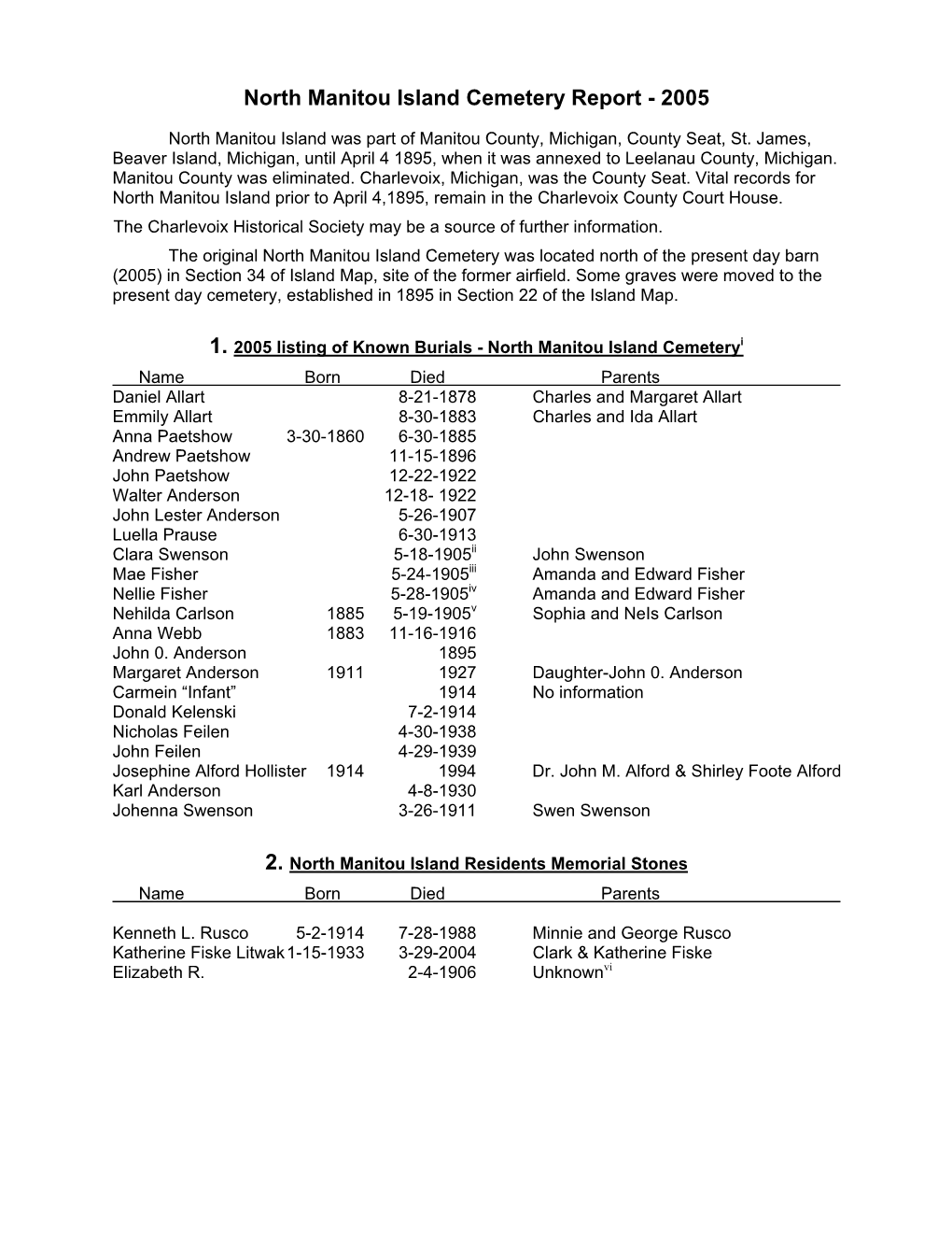 North Manitou Island Cemetery Report - 2005