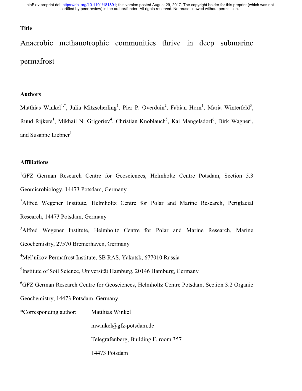 Anaerobic Methanotrophic Communities Thrive in Deep Submarine Permafrost