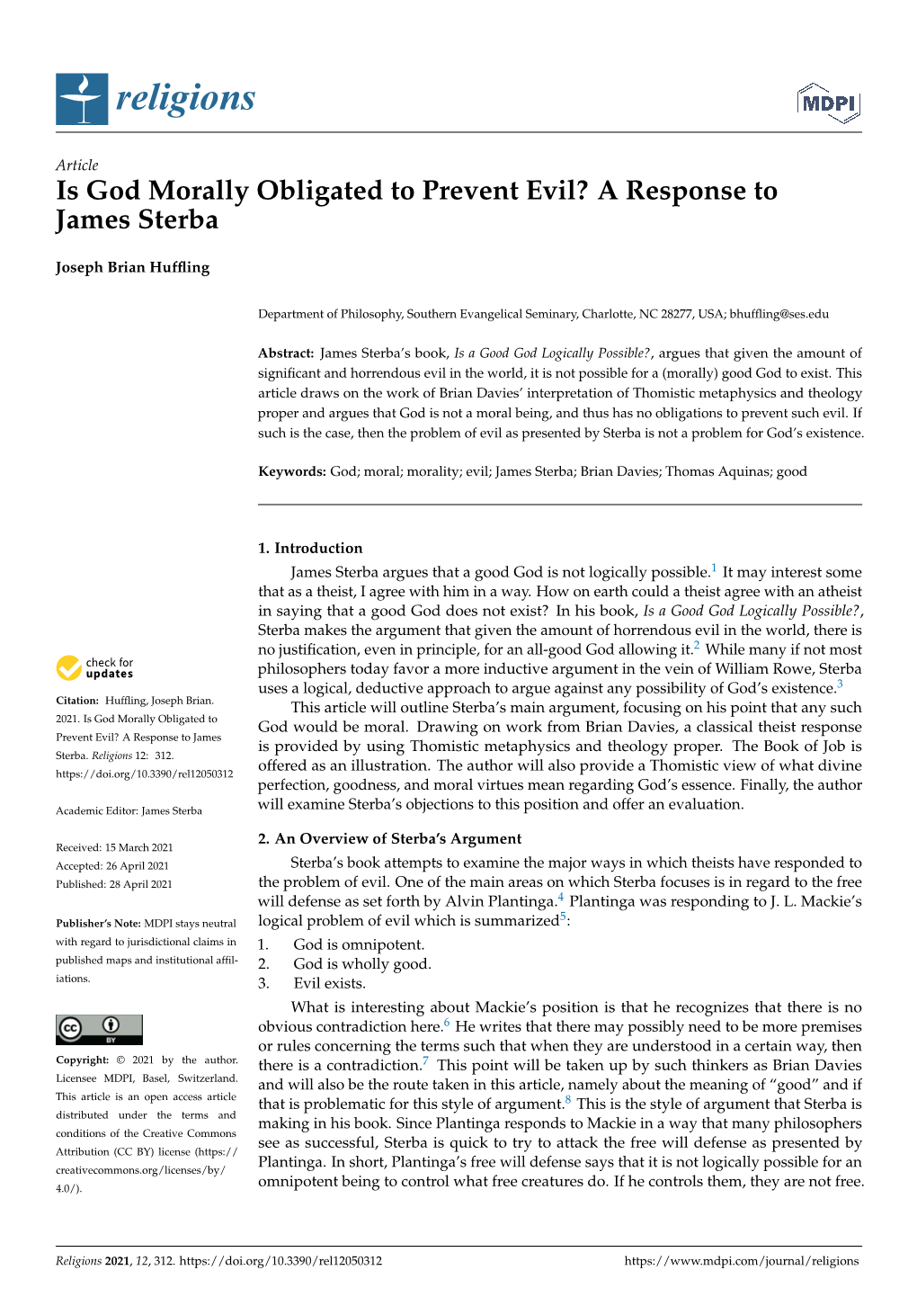 Is God Morally Obligated to Prevent Evil? a Response to James Sterba