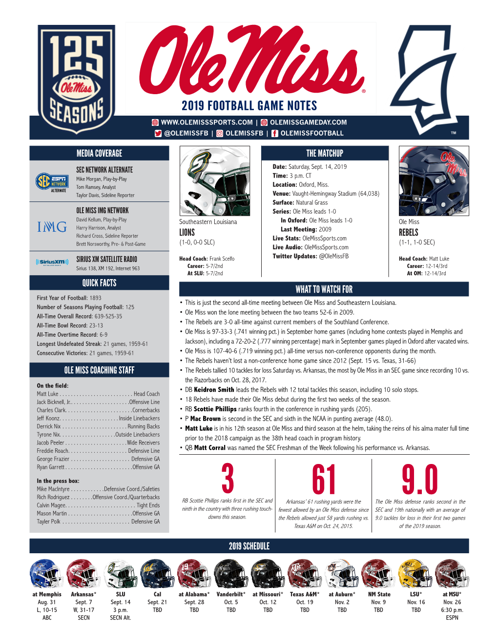 2019 Football Game Notes | Olemissgameday.Com @Olemissfb | Olemissfb | Olemissfootball