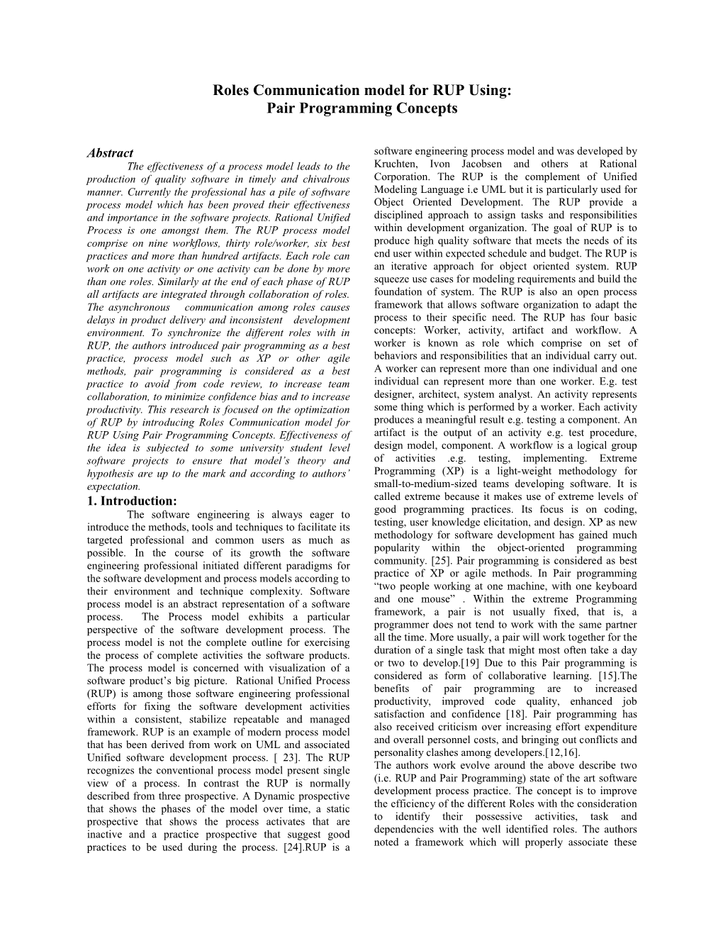 Roles Communication Model for RUP Using: Pair Programming Concepts